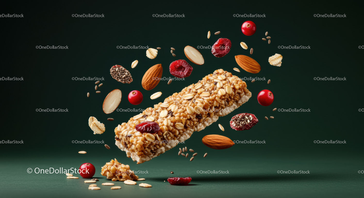 Healthy granola bar with almonds and berries floating