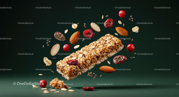 Healthy granola bar with almonds and berries floating