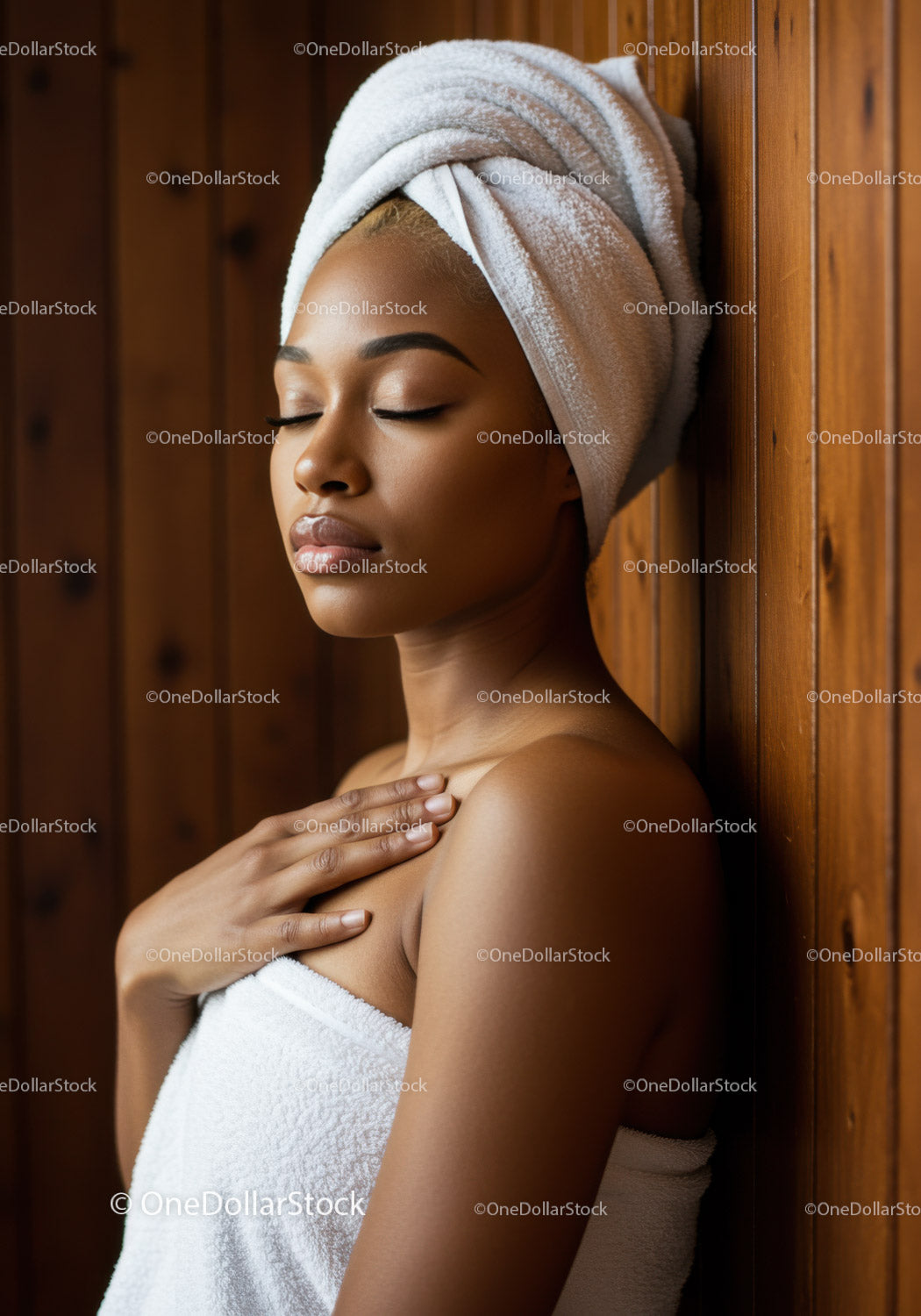 Beautiful Woman Relaxing with Towel in Spa Setting with Wooden Wall