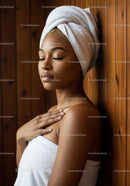 Beautiful Woman Relaxing with Towel in Spa Setting with Wooden Wall