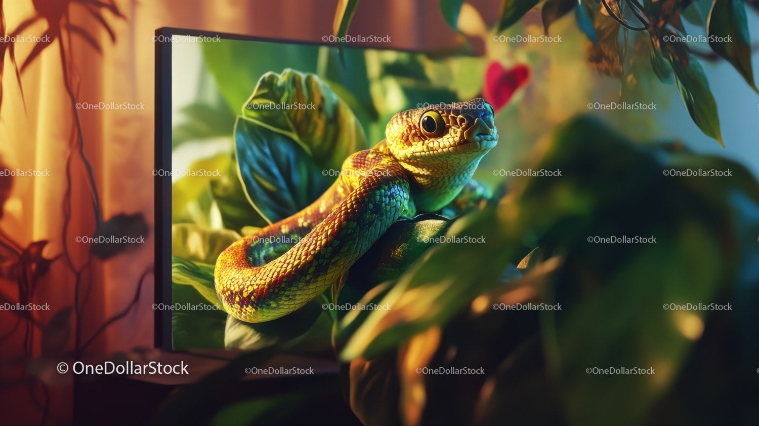 Colorful Green and Yellow Gecko Climbing amongst Tropical Foliage