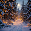 Snowy forest path adorned with glowing fairy lights