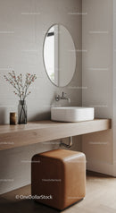Modern Bathroom with Oval Mirror and Wooden Vanity in Neutral Tones
