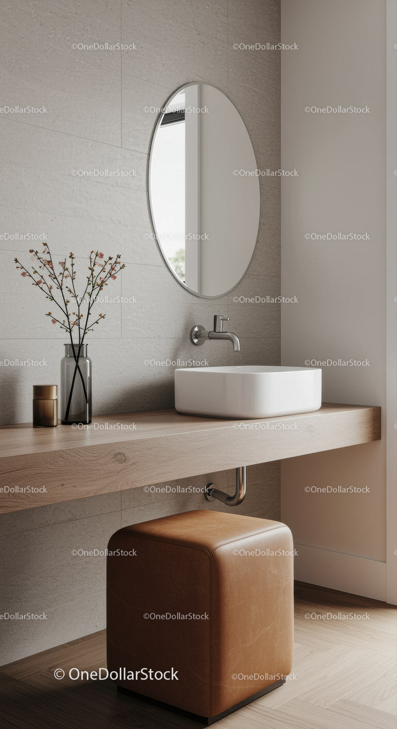 Modern Bathroom with Oval Mirror and Wooden Vanity in Neutral Tones