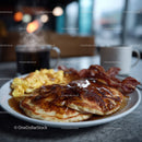 Cozy Breakfast with Pancakes Scrambled Eggs Bacon and Coffee