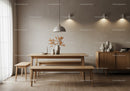 Minimalist dining room with wooden benches and decor
