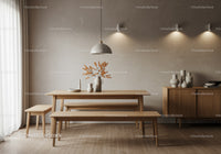 Minimalist dining room with wooden benches and decor