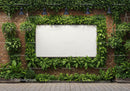 Urban greenery framing a blank wall-mounted billboard