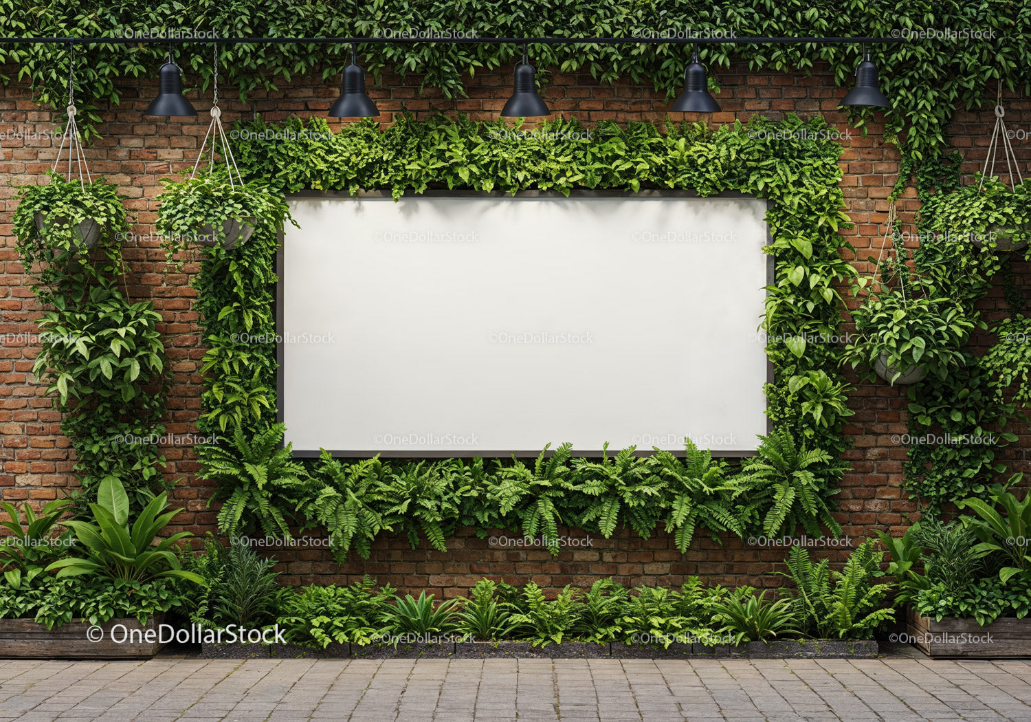 Urban greenery framing a blank wall-mounted billboard