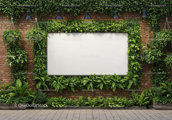 Urban greenery framing a blank wall-mounted billboard JPG Mockup Image
