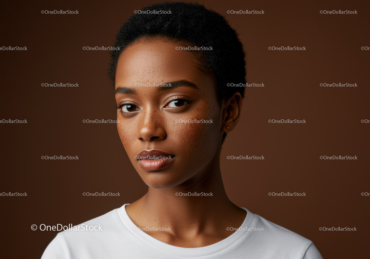 Portret młodej Afroamerykanki z piegami i krótkimi kręconymi włosami
