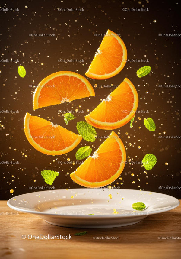 Fresh orange slices with mint leaves floating over plate