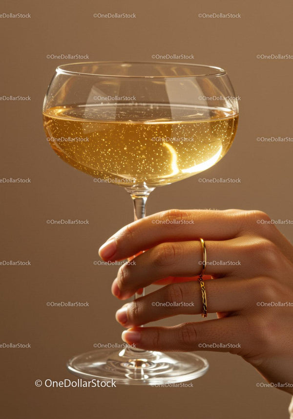 Hand holding sparkling champagne in elegant coupe glass