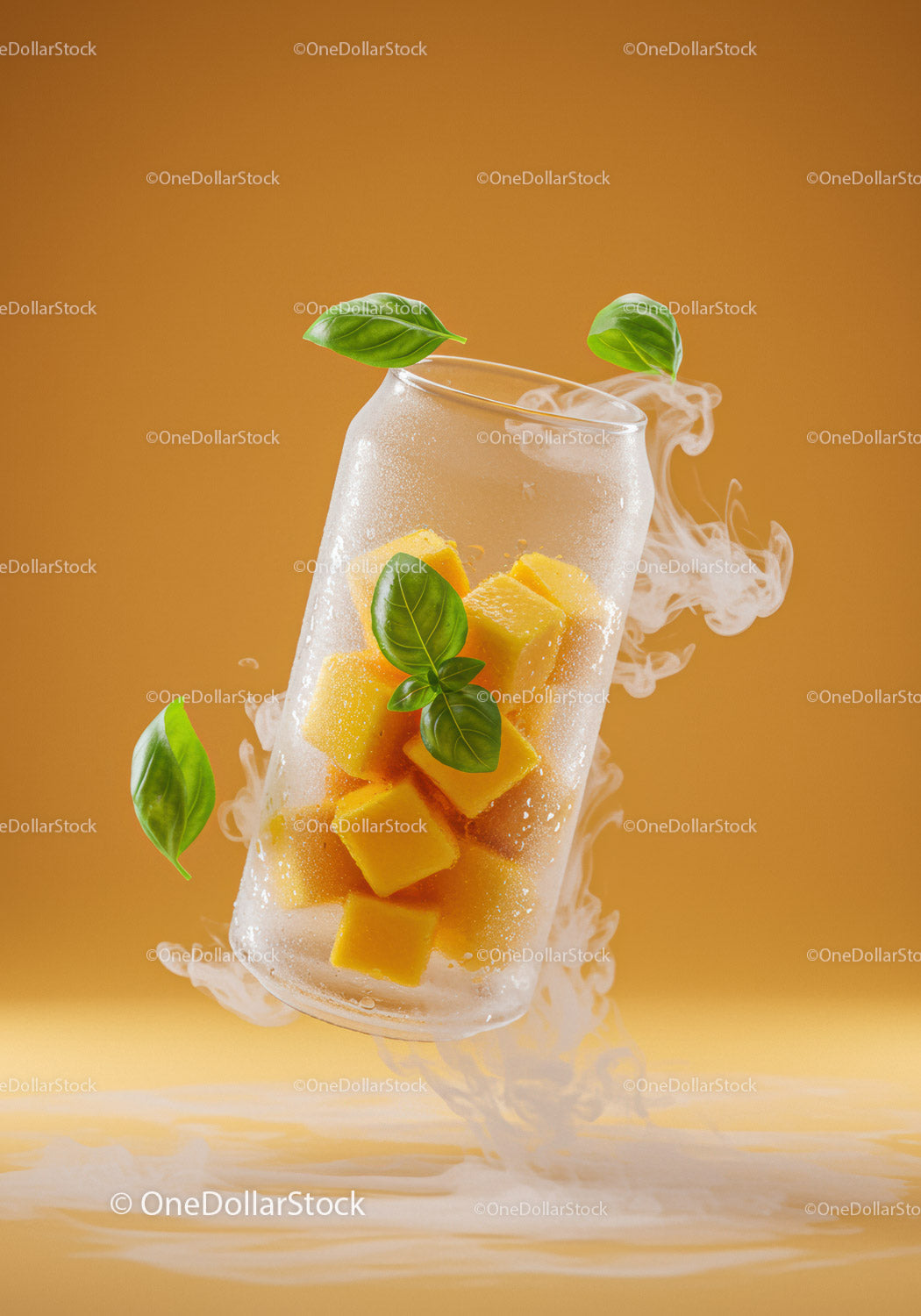 Mrożone kostki mango w mrożonej szklanej puszce z liśćmi bazylii
