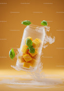 Frozen mango cubes in frosty glass can with basil leaves