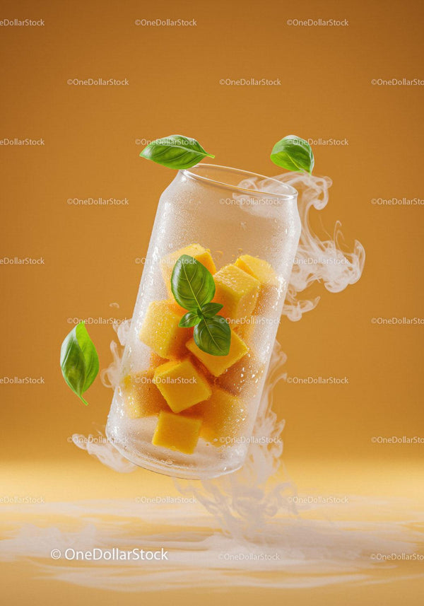 Frozen mango cubes in frosty glass can with basil leaves