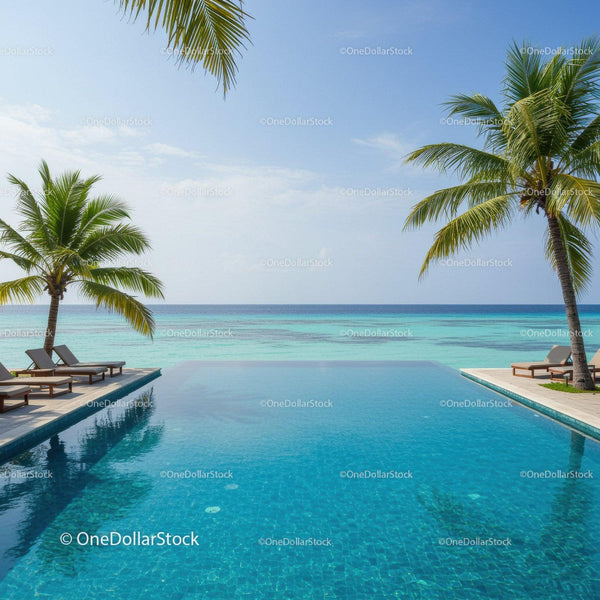 Tropical Infinity Pool with Lounge Chairs and Ocean View