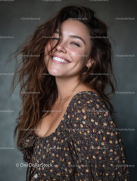 Smiling Woman with Curly Brown Hair Wearing Floral Dress in Studio