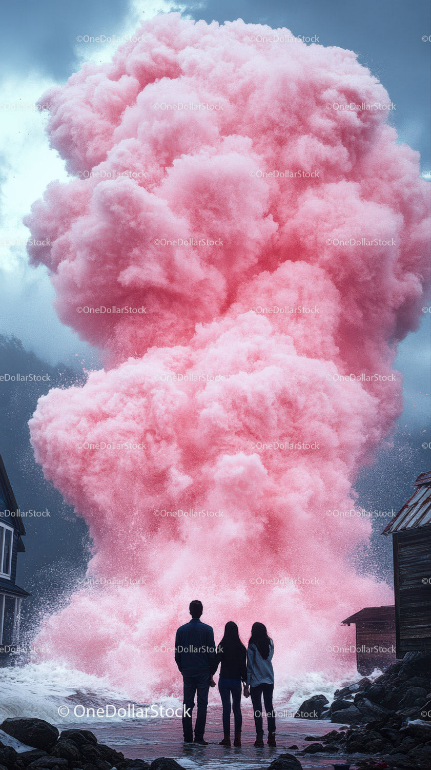 Group of Friends Witnessing Massive Pink Cloud Explosion by the Coast