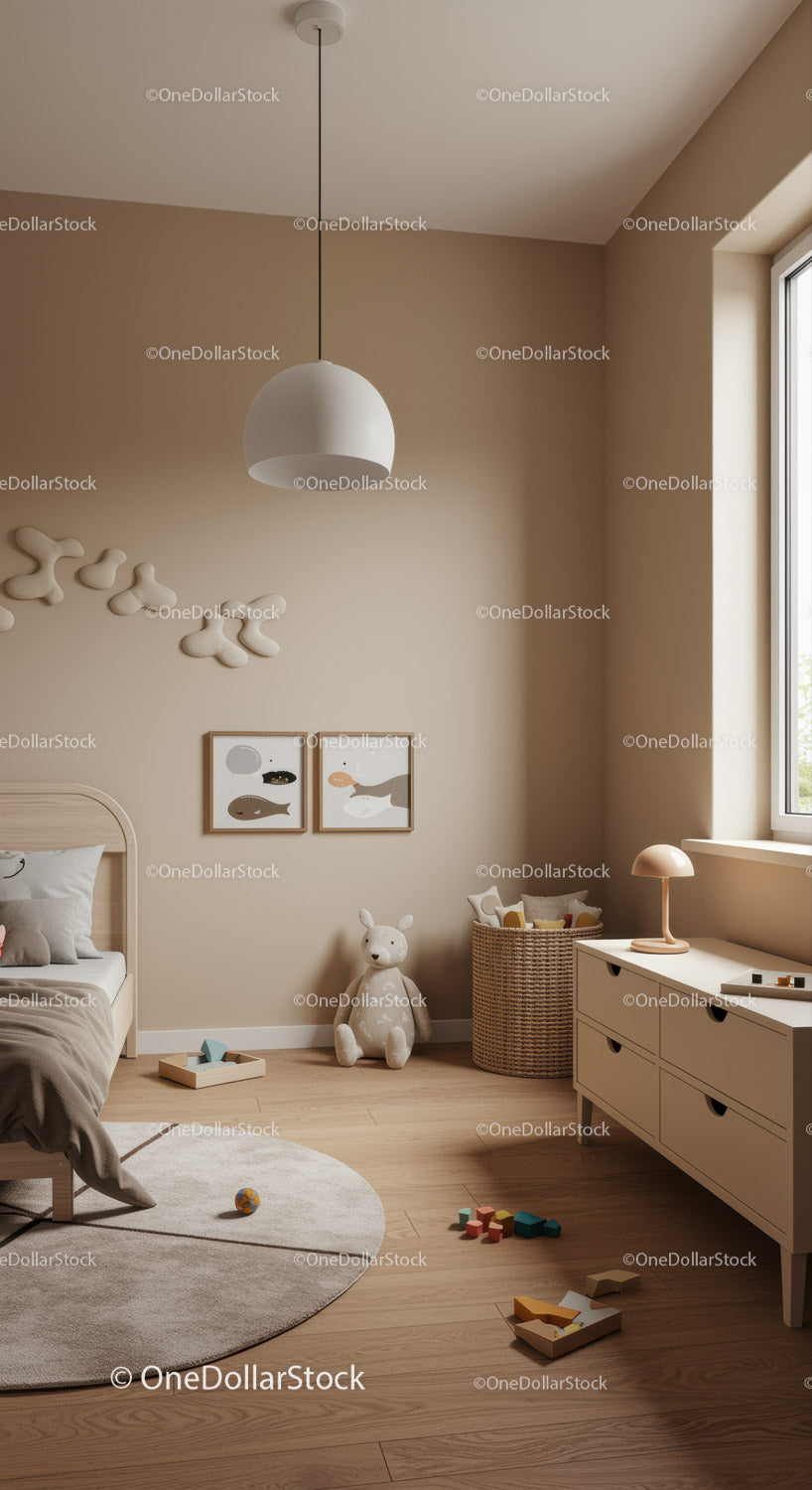Warm Child's Bedroom with Wooden Flooring and Playful Wall Art
