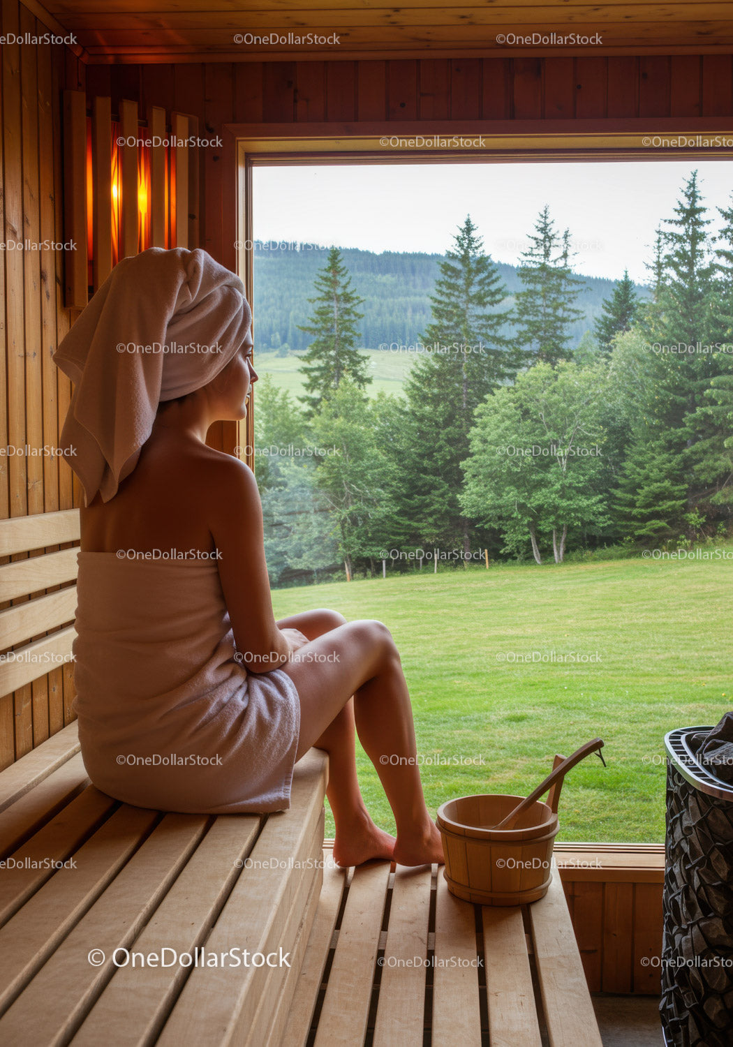 Woman Sitting in Sauna with Forest and Mountain View in Background