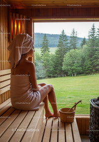 Woman Sitting in Sauna with Forest and Mountain View in Background