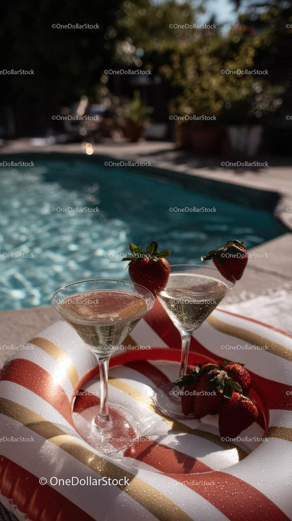 Strawberry Cocktails Near Swimming Pool on Sunny Day