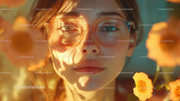 Young Woman Wearing Trendy Glasses Surrounded by Orange Flowers