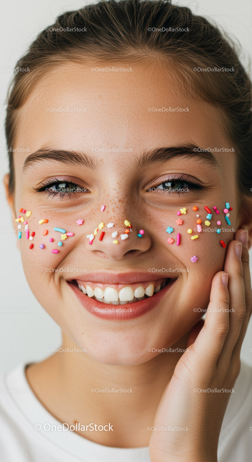 Happy Girl with Colorful Sprinkles and Bright Smile
