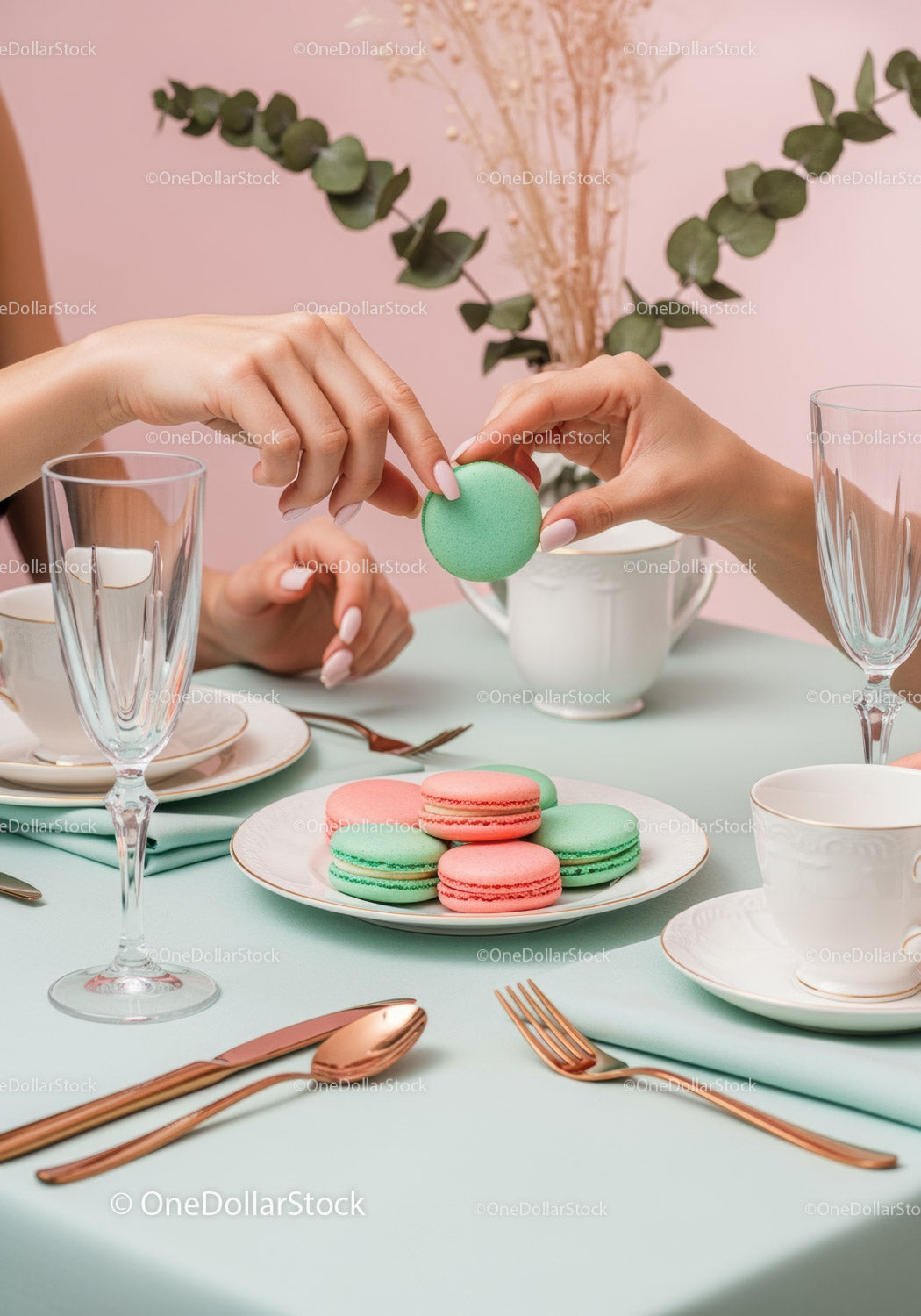 Elegant Pink and Green Macarons on Stylish Table with Fine China