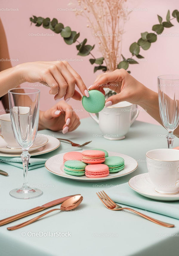 Elegant Pink and Green Macarons on Stylish Table with Fine China