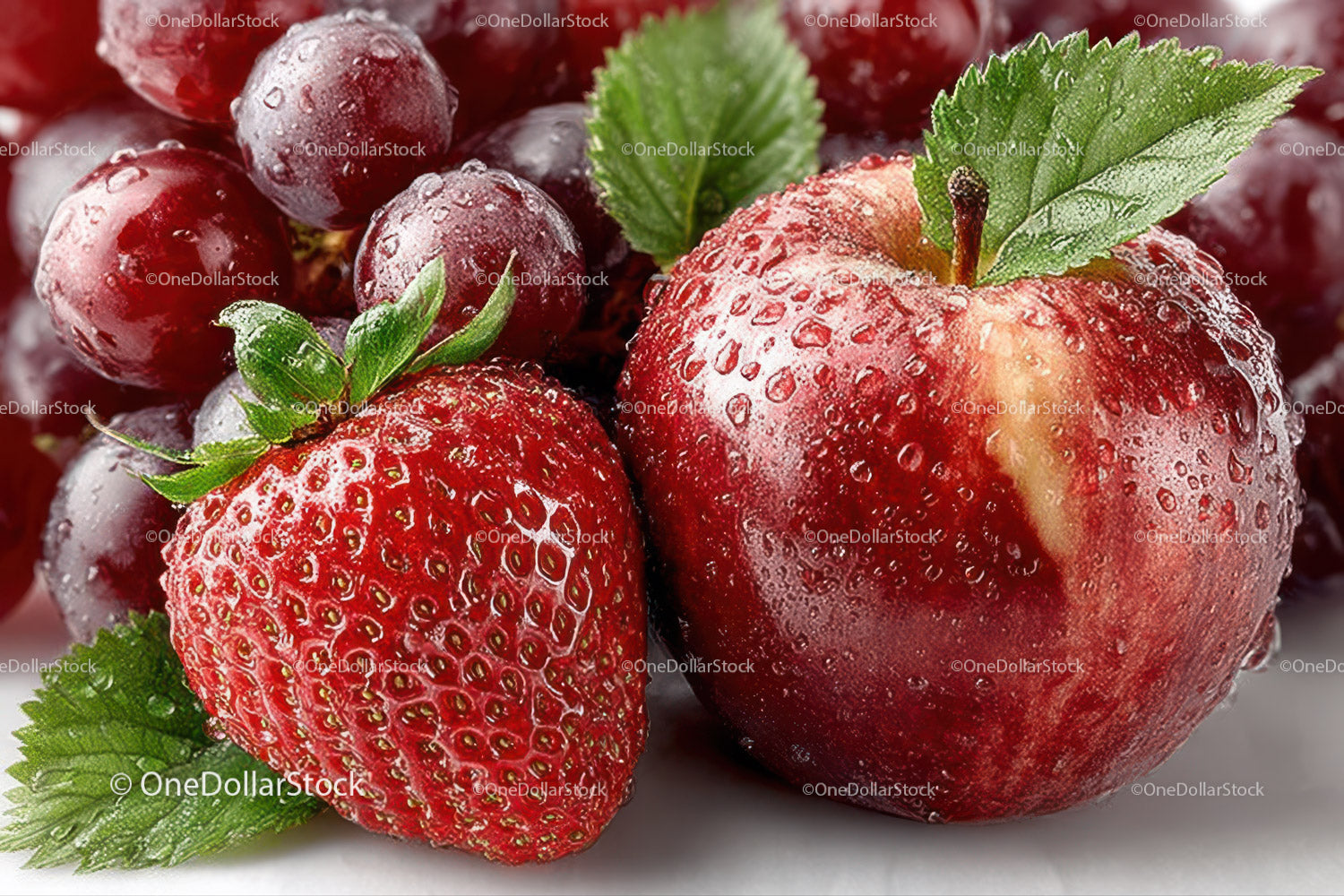 Close-Up of Juicy Ripe Strawberries with Green Leaves