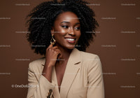 Elegant African American Woman with Curly Hair in Fashion Studio Portrait