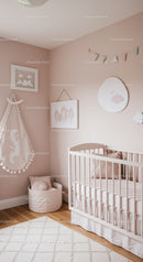 Elegant Baby Nursery with Soft Pastel Decor and Leafy Wall Art