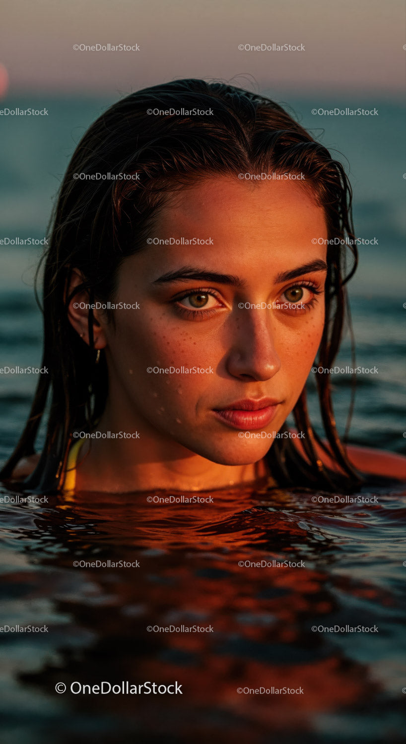 Woman Relaxing in the Ocean at Sunset with Warm Lighting