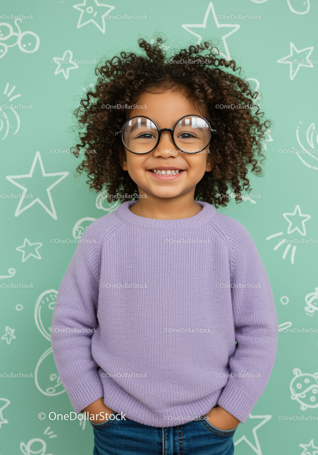 Smiling curly haired child in glasses and sweater