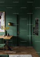 Elegant Green Kitchen with Gold Accents and Wooden Flooring
