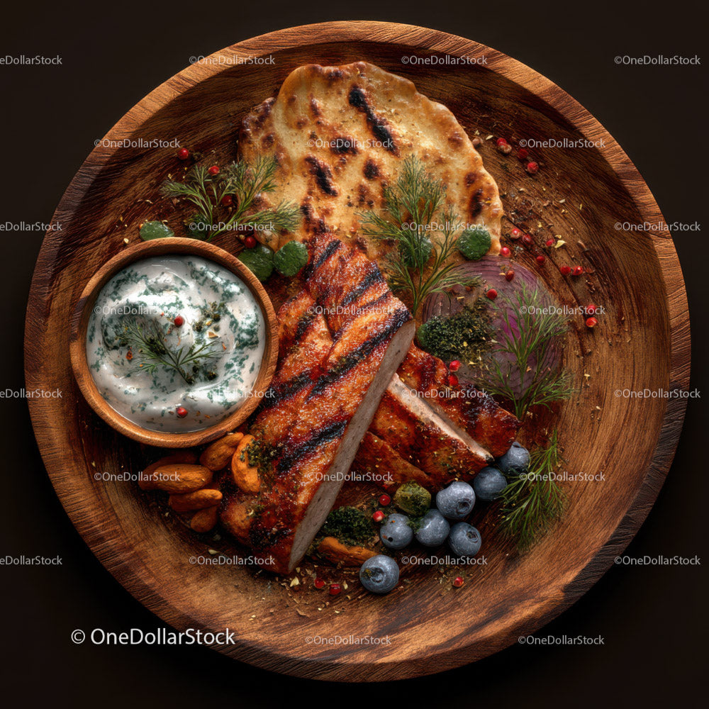 Gourmet Grilled Steak with Herb Sauce and Fresh Berries on Wooden Platter