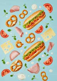 Fresh hot dogs with pretzels and fresh ingredients on blue