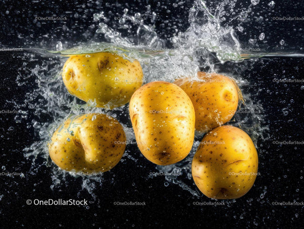 Fresh Yellow Potatoes in Water Scene with Splash Effect