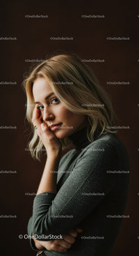 Thoughtful young woman in cozy dark turtleneck sweater