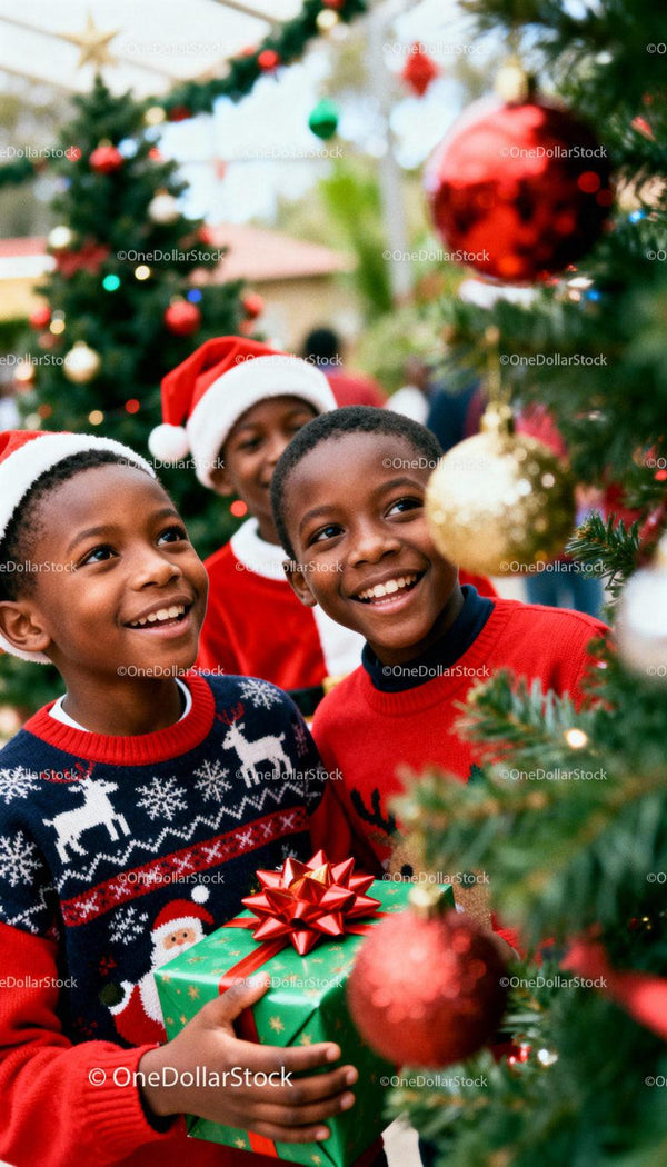 Smiling boys celebrating Christmas with gift and tree