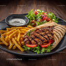 Freshly Grilled Meat Wrap with French Fries and Salad