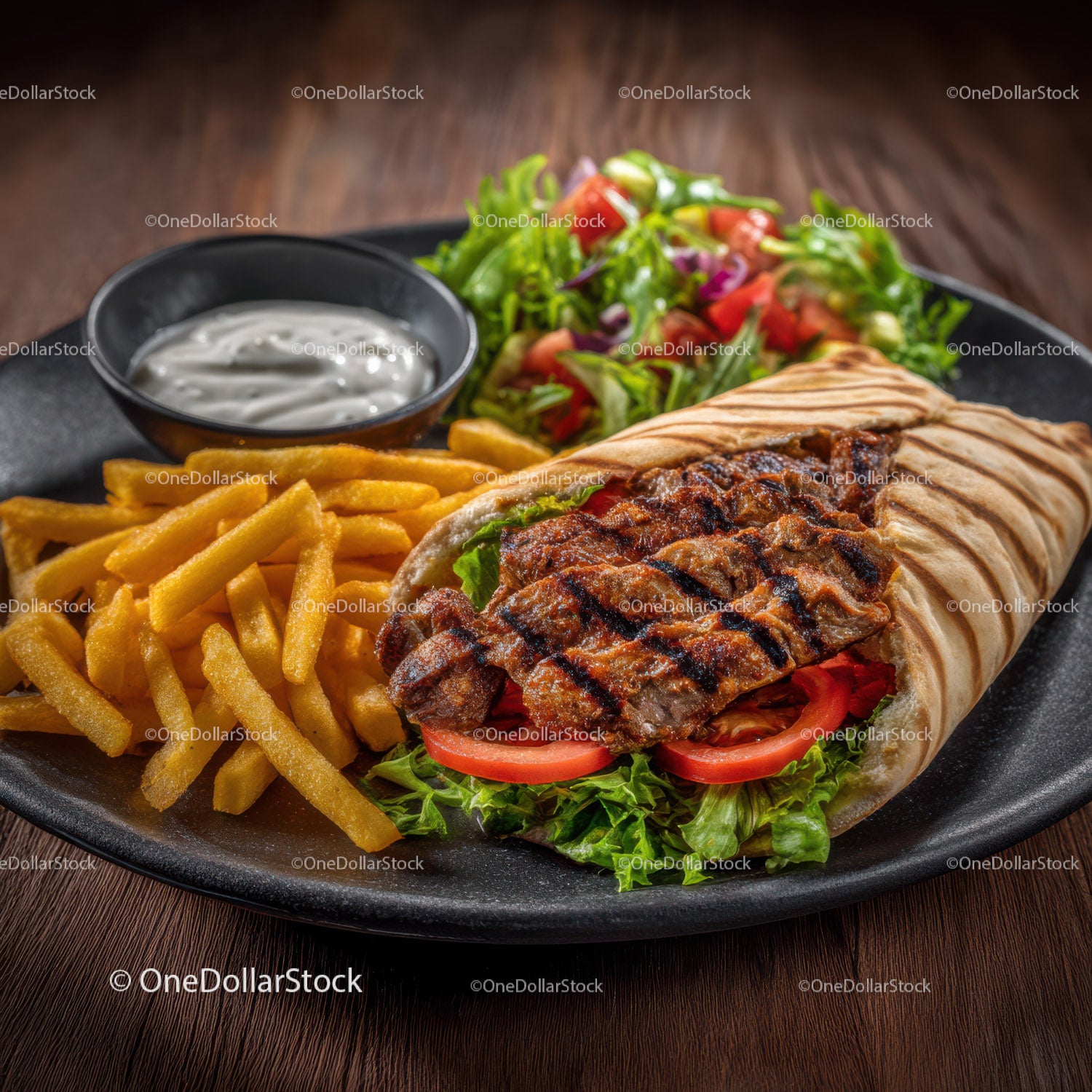 Freshly Grilled Meat Wrap with French Fries and Salad