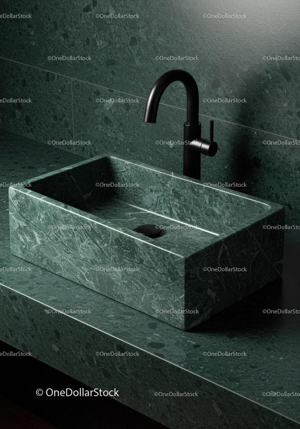 Green Marble Bathroom Sink with Modern Black Faucet in Elegant Interior