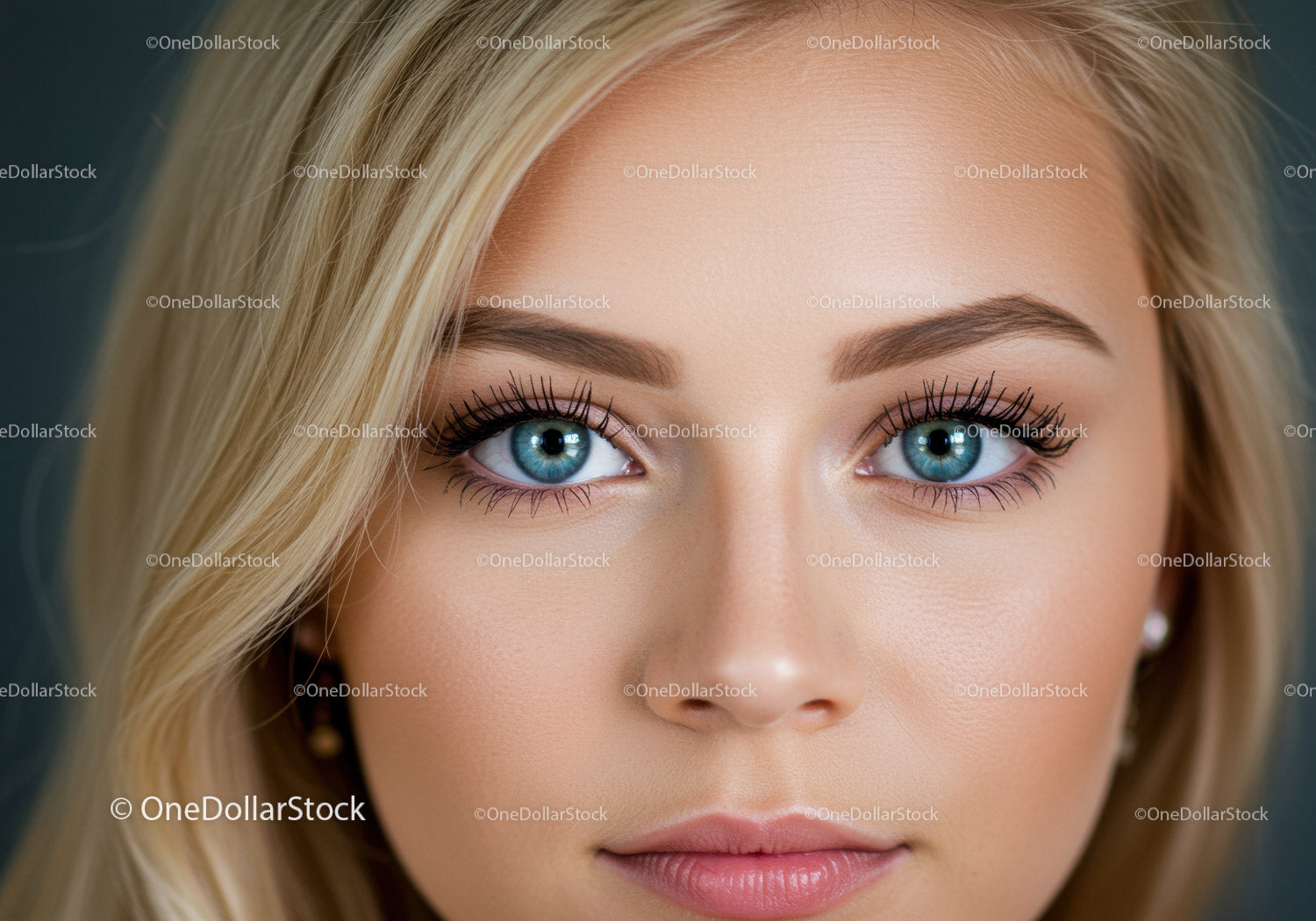 Close up of young blonde woman with blue eyes
