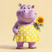Cute Cartoon Hippo Holding Sunflower in Yellow Dress for Kids Illustration