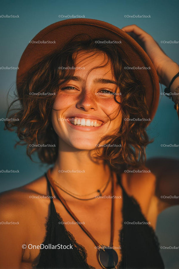 Sunlit Woman with Curly Hair Wearing a Brown Hat Outdoor Portrait