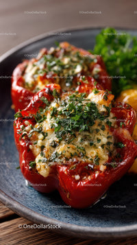 Baked stuffed red bell peppers with cheese and herbs