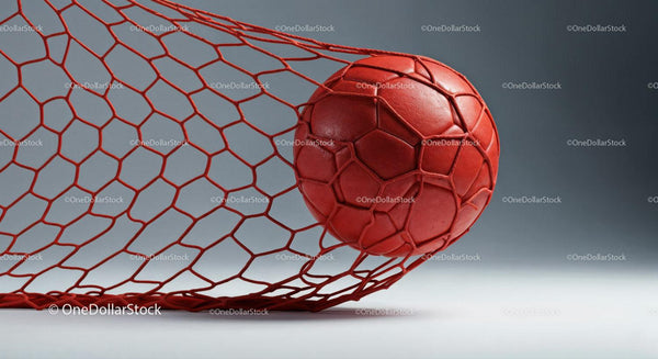 Red Soccer Ball in Goal Net for Sports and Soccer Match Scenes